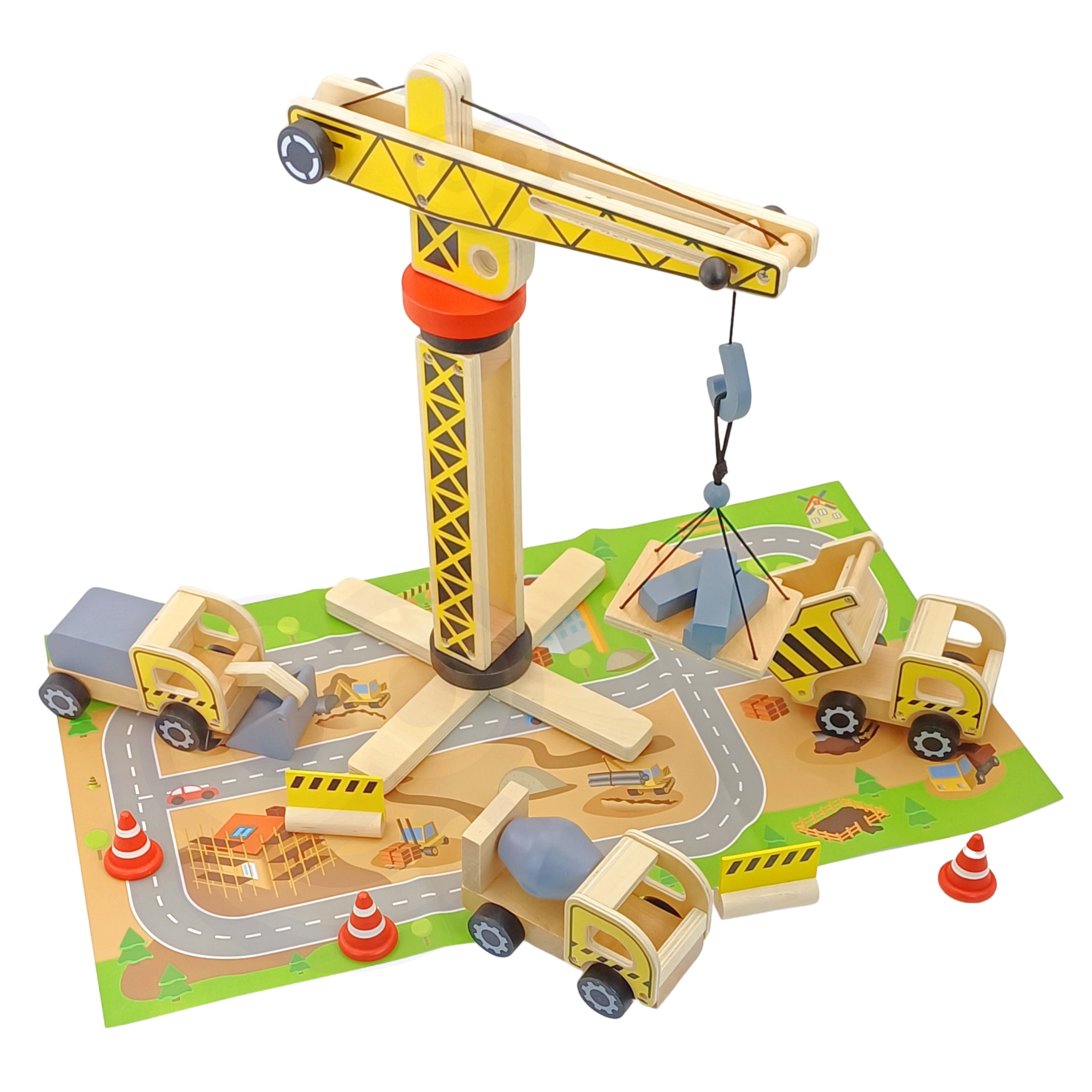 Drewniany plac budowy 5w1 ruchomy dźwig xxl pojazdy budowlane 13 el. fsc