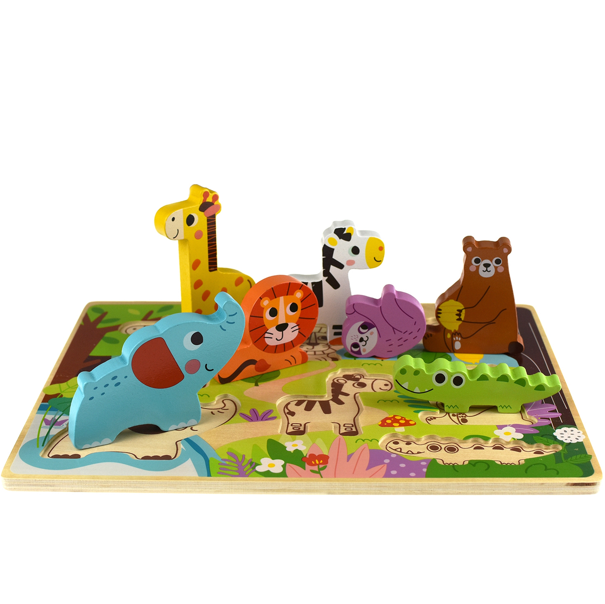 Drewniane puzzle montessori zwierzątka zoo safari dopasuj kształty