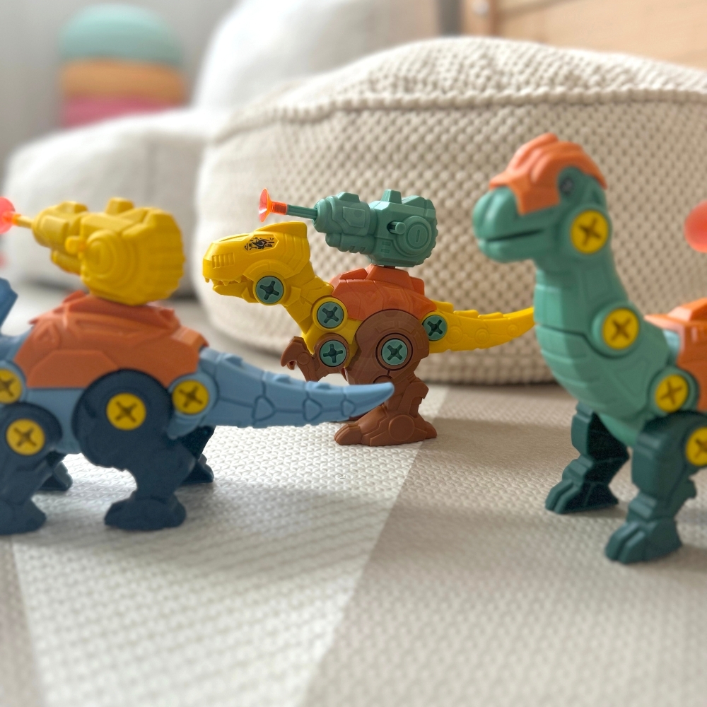 Zestaw dinozaury do skręcania 3 szt. zestaw konstrukcyjny w pudełku + wiertarka i śrubokręt