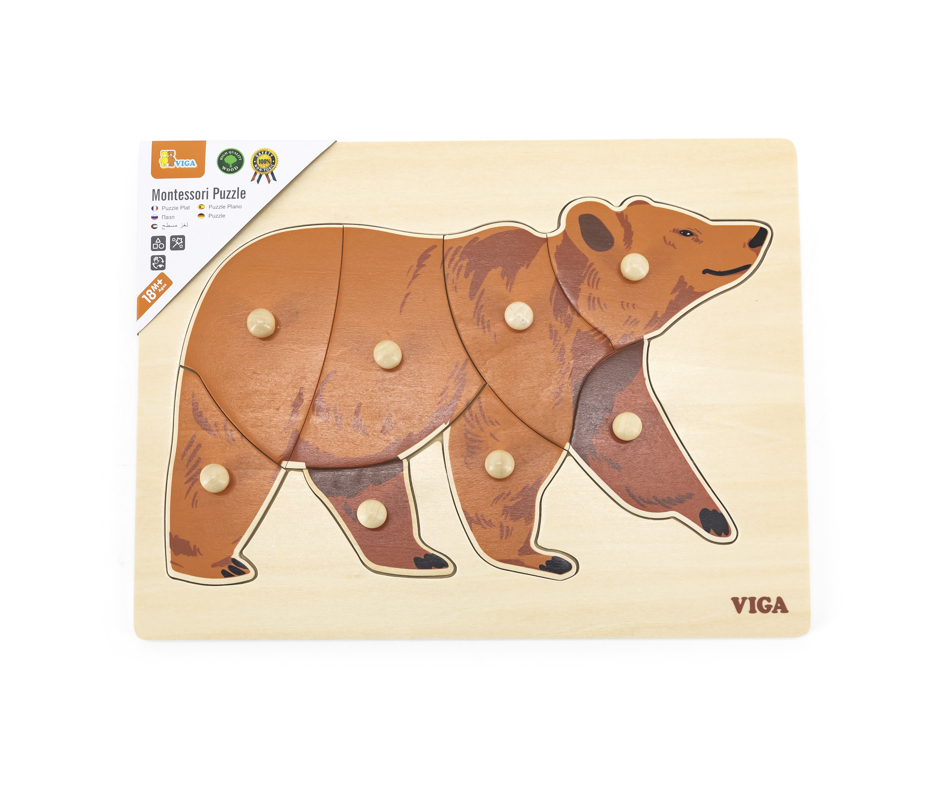 Drewniane puzzle montessori miś niedźwiedź z pinezkami