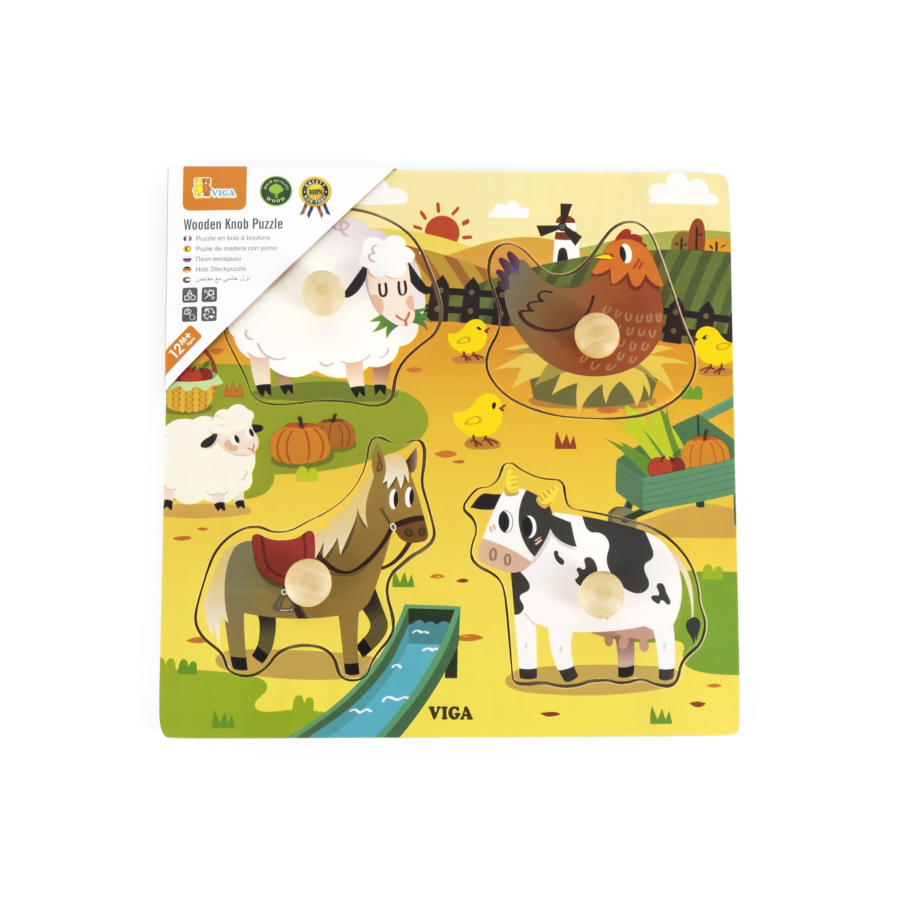 Drewniane puzzle z pinezkami farma 12m+