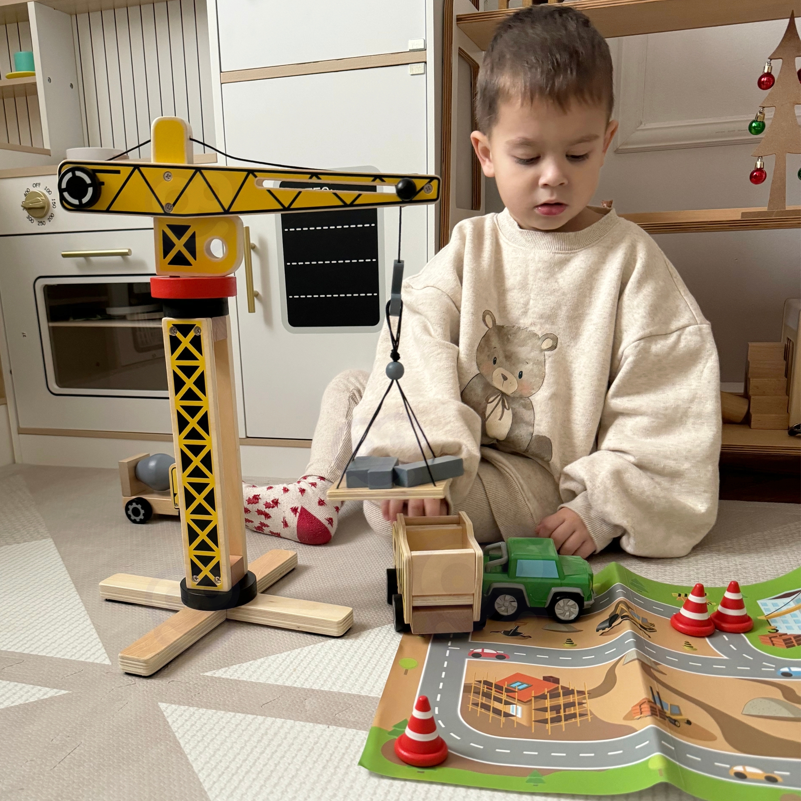 Drewniany plac budowy 5w1 ruchomy dźwig xxl pojazdy budowlane 13 el. fsc
