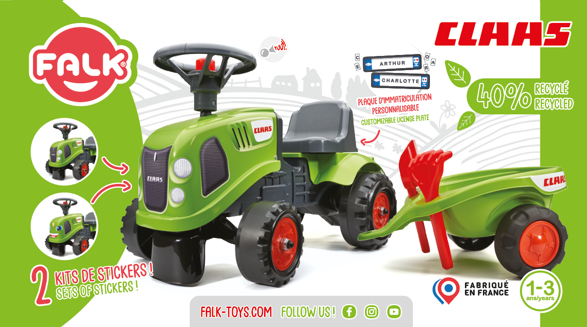 Traktorek baby claas zielony z przyczepką + akc. od 1 roku