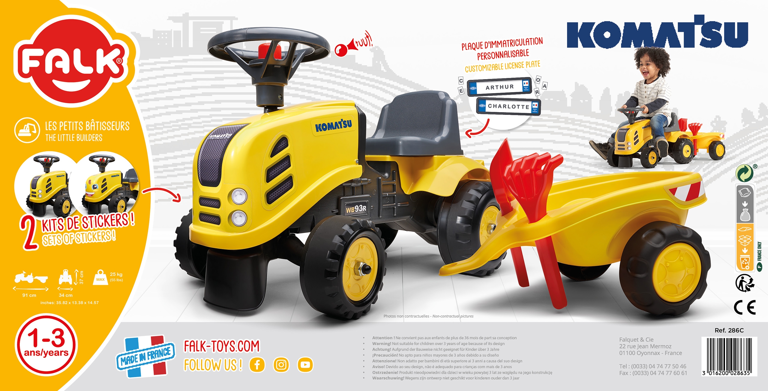 Traktorek baby komatsu żółty z przyczepką + akc. od 1 roku