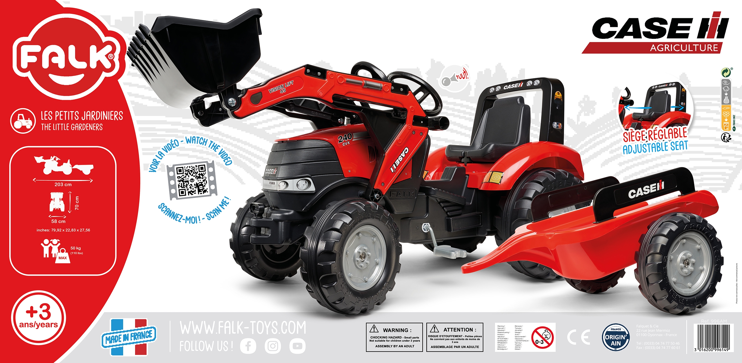Traktor case na pedały z łyżką i przyczepką czerwony od 3 lat
