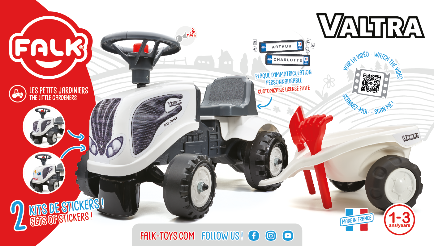 Traktorek baby valtra biały z przyczepką + akc. od 1 roku