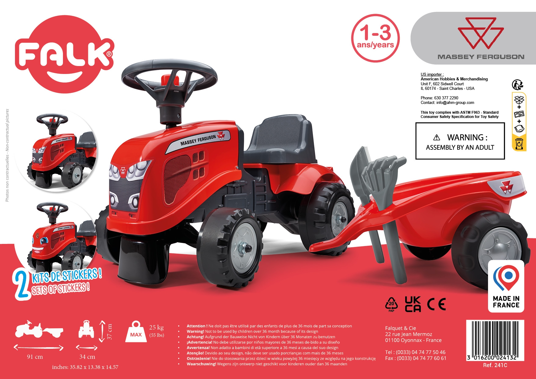Traktorek baby massey ferguson czerwony z przyczepką + akc. od 1 roku