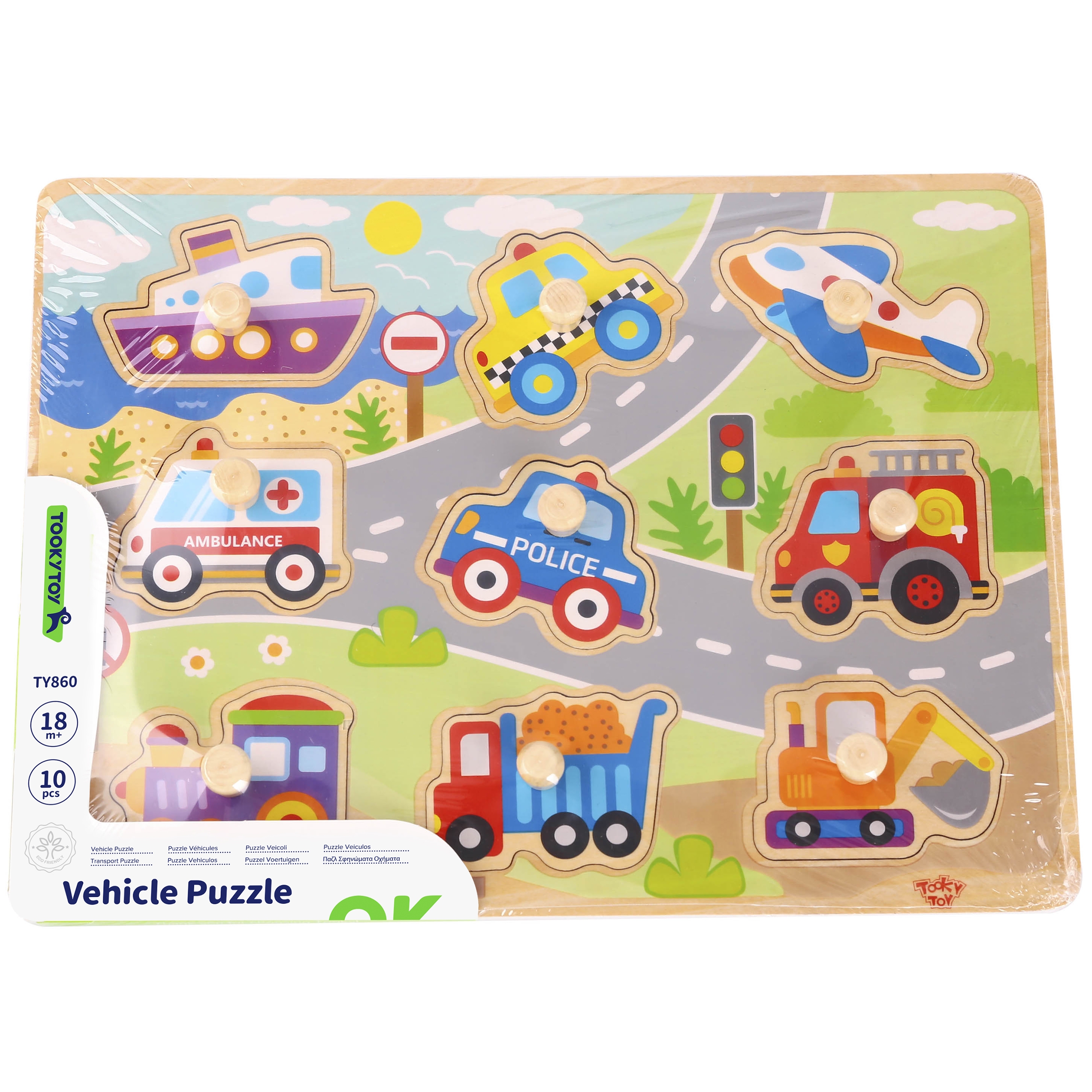 Drewniane puzzle montessori transport pojazdy z pinezkami do dopasowania