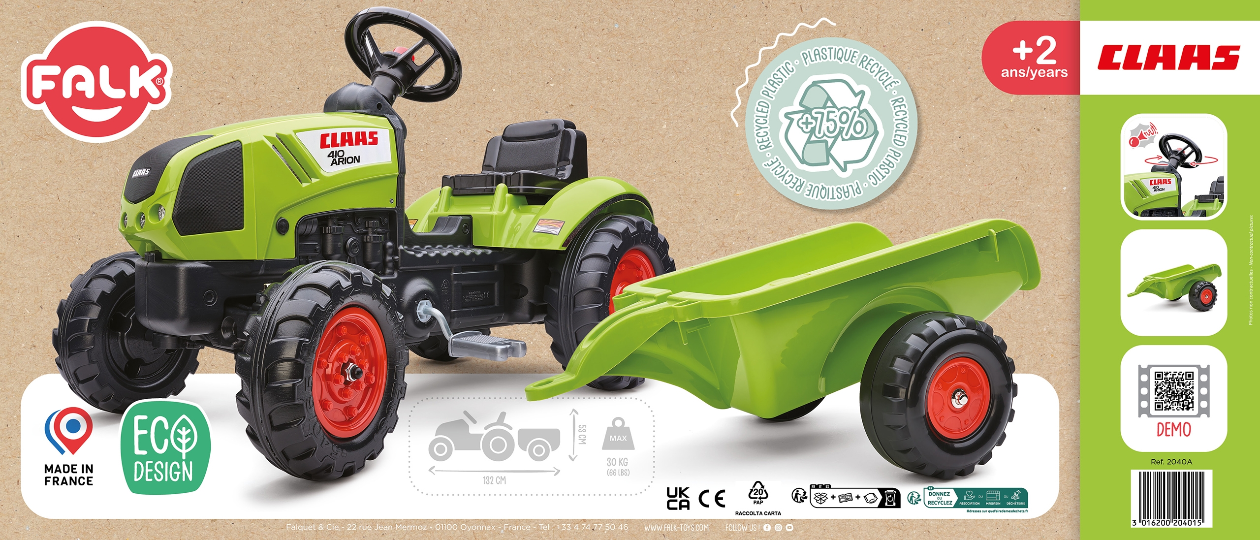 Traktor claas zielony na pedały z przyczepą + klakson od 2 lat.