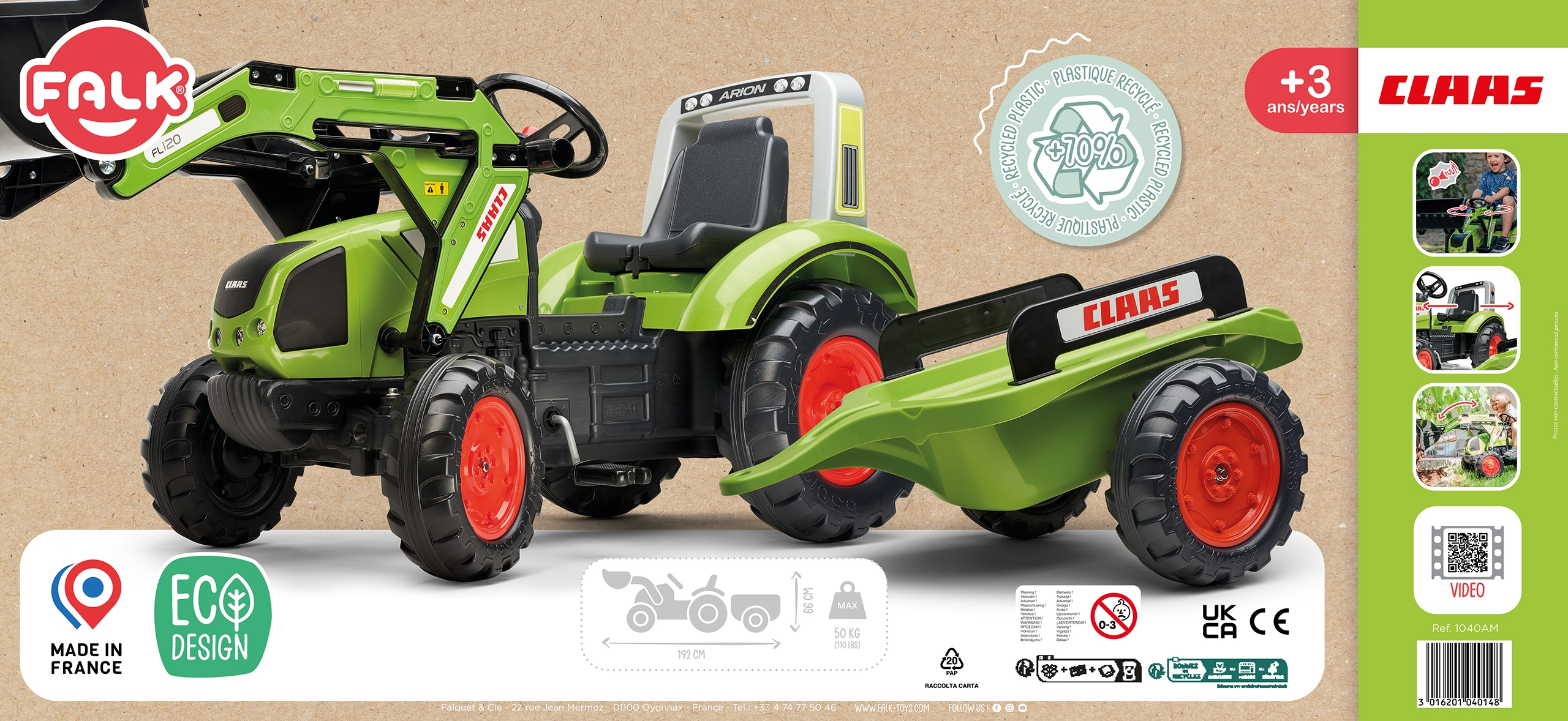 Traktor na pedały z łyżką i przyczepką zielony claas od 3 lat