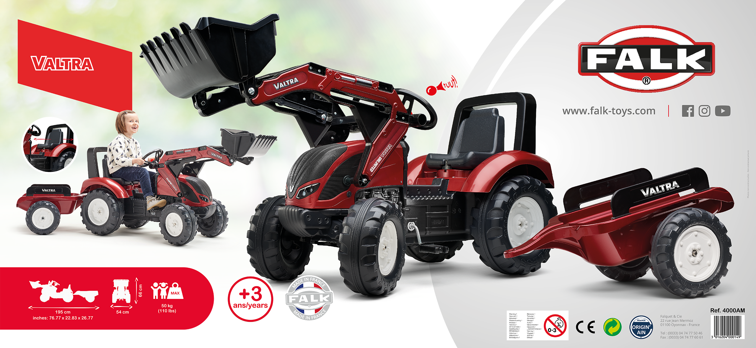 Traktor valtra bordowy na pedały z przyczepką i łyżką od 3 lat