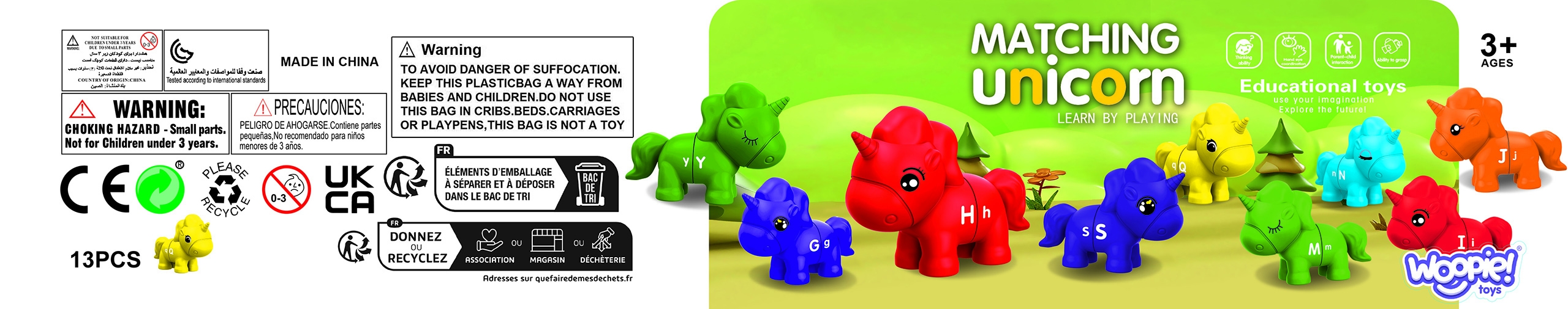 Figurki montessori zestaw edukacyjny jednorożce do składania "dopasuj literki" 13 el.