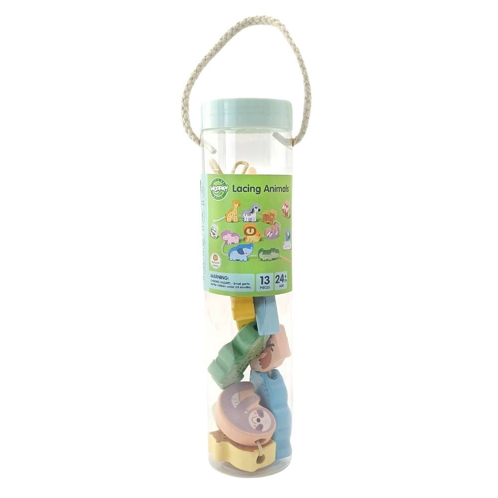 Drewniana nawlekanka klocki przeplatanka zoo montessori 13 el.