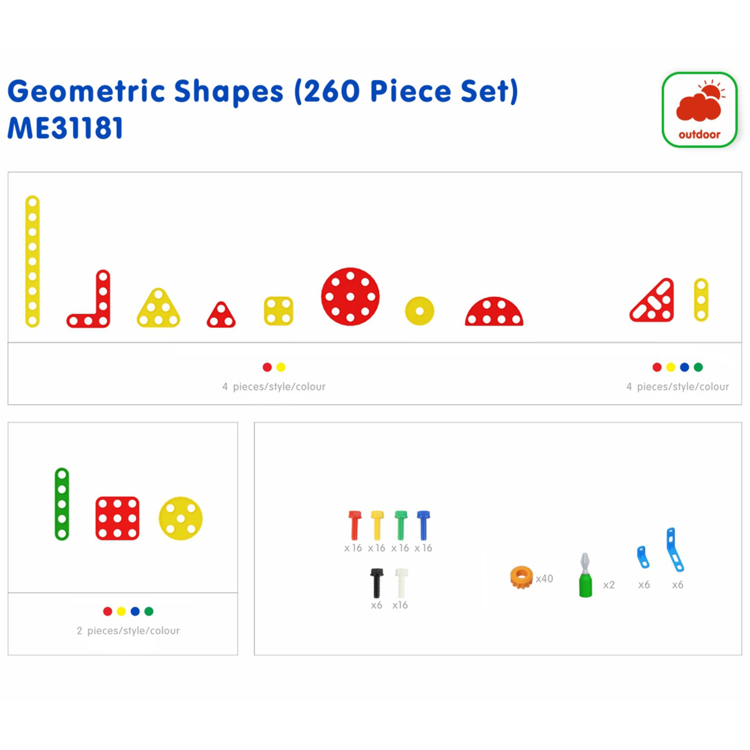 Zestaw geometrycznych kształtów klocków do paneli ściennych stem 260 el.