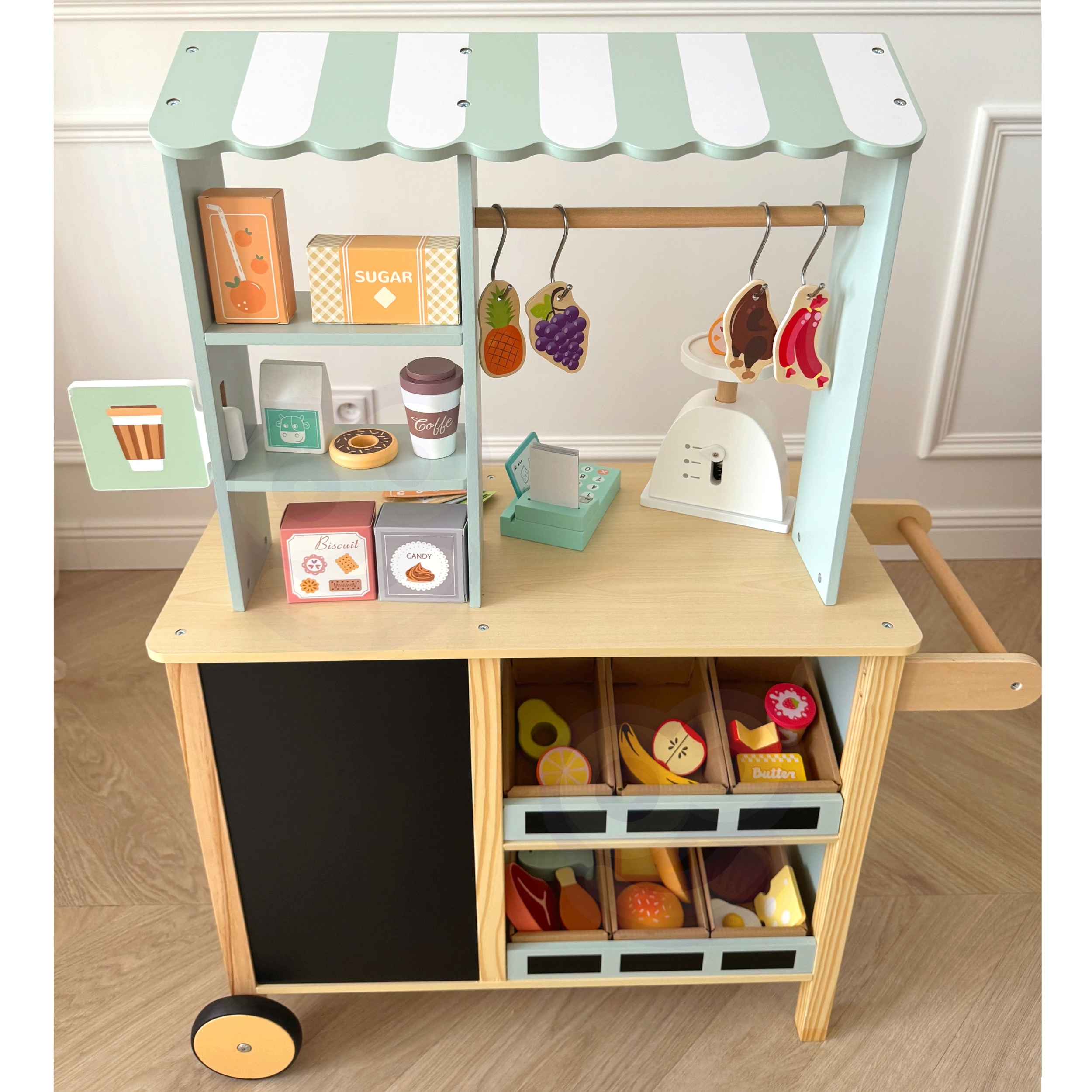 Drewniany Food Truck Sklepik - 73 el. Edukacyjna Zabawka