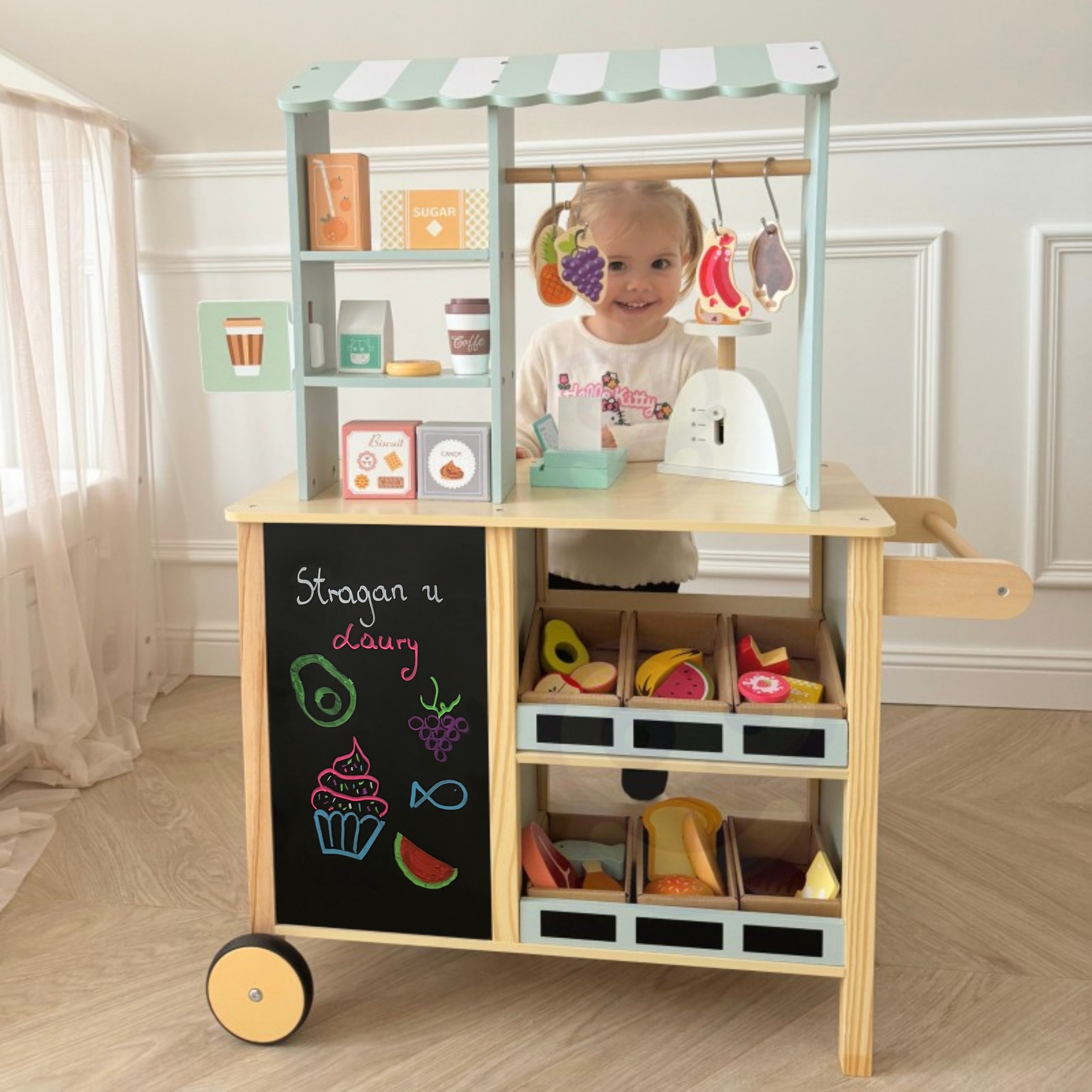 Drewniany Food Truck Sklepik - 73 el. Edukacyjna Zabawka