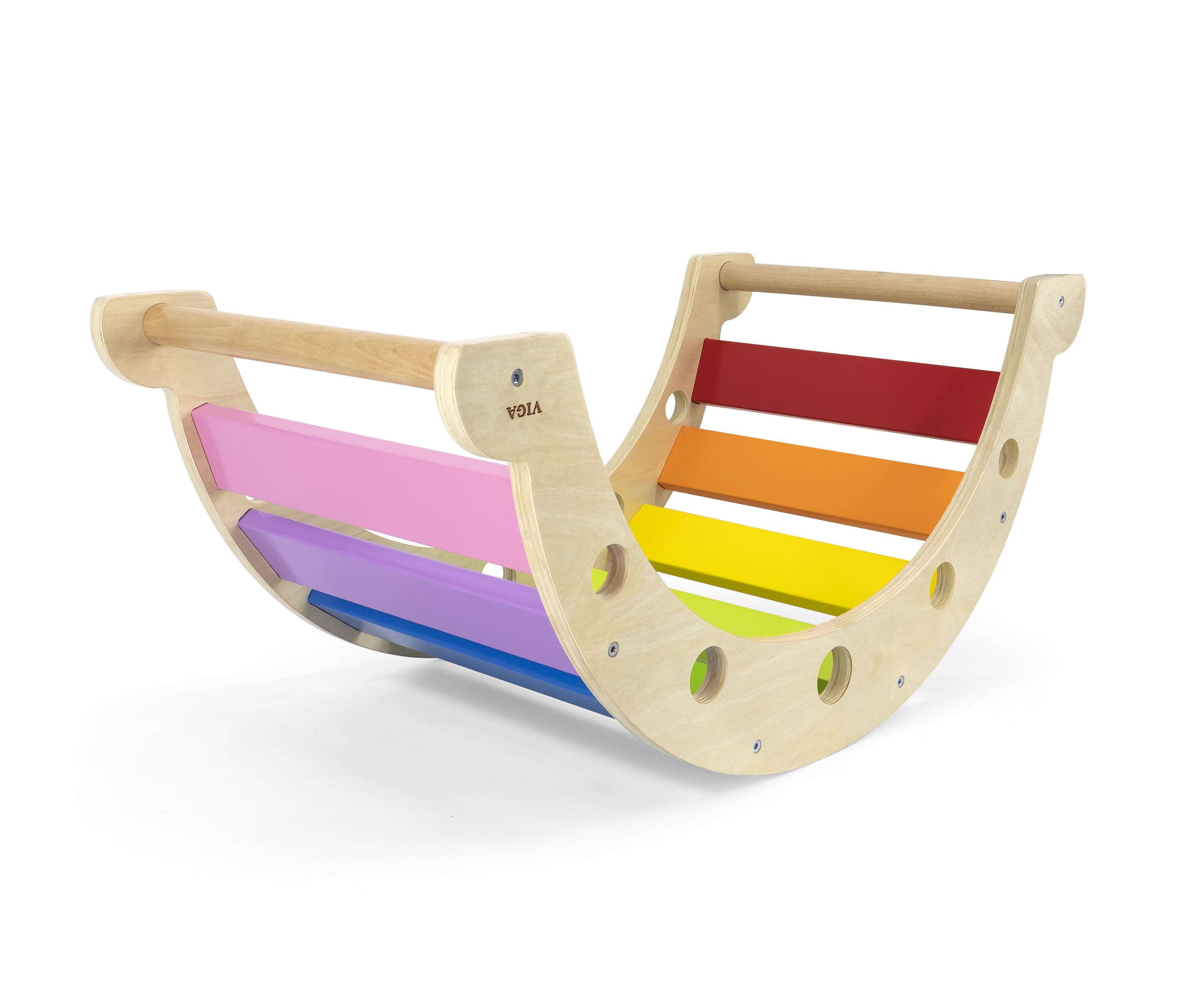 Drewniany bujak mostek 2w1 huśtawka montessori tęczowa
