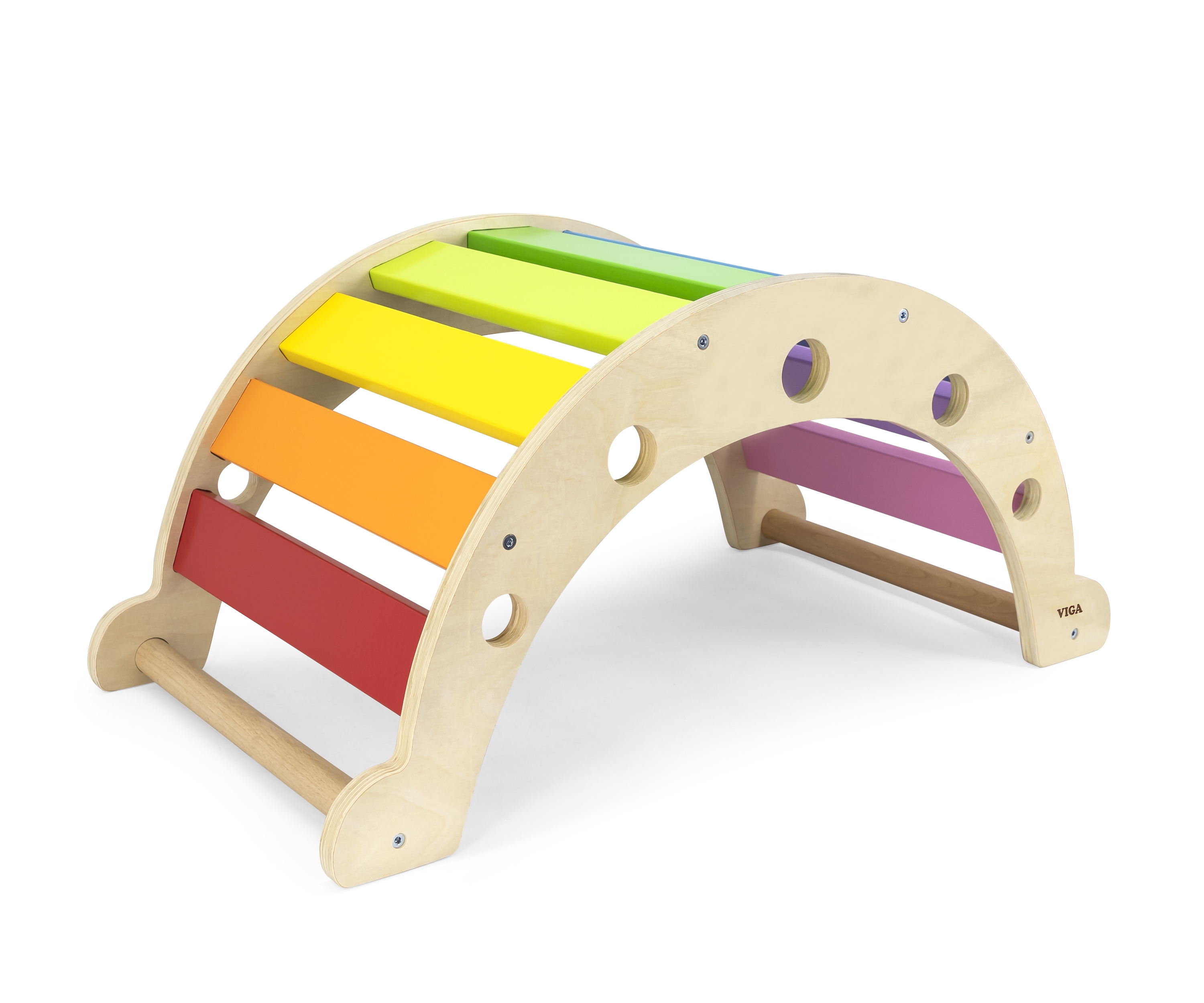 Drewniany bujak mostek 2w1 huśtawka montessori tęczowa