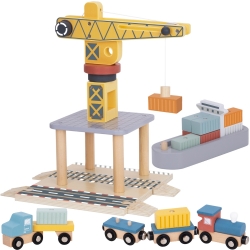 TOOKY TOY Drewniany Zestaw 4w1 Dźwig Portowy XL Statek Ciężarówka i Kolejka na Magnes