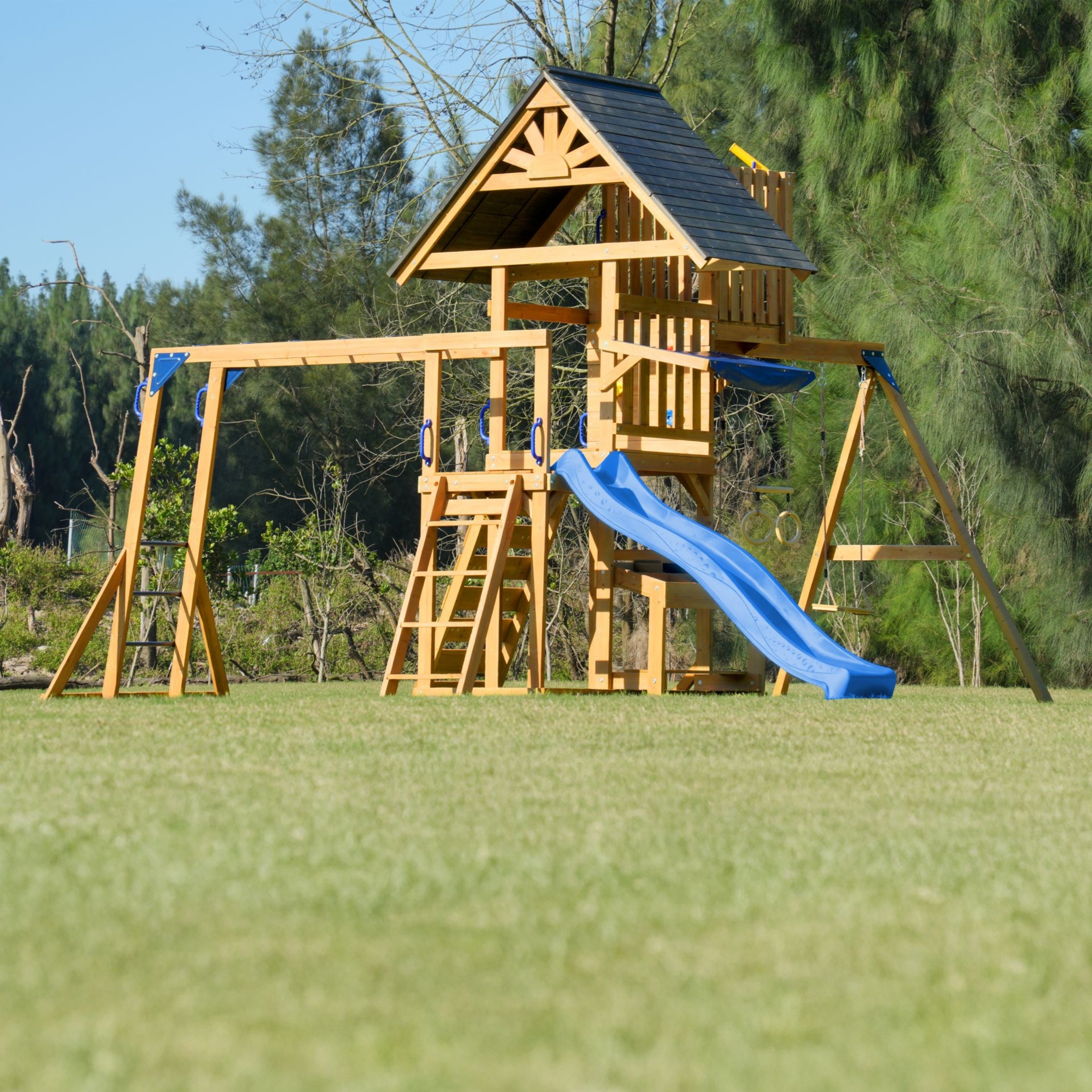 Mitch play tower - duży plac zabaw drewniany zjeżdżalnia hustawki ścianka wspinaczkowa + wieża