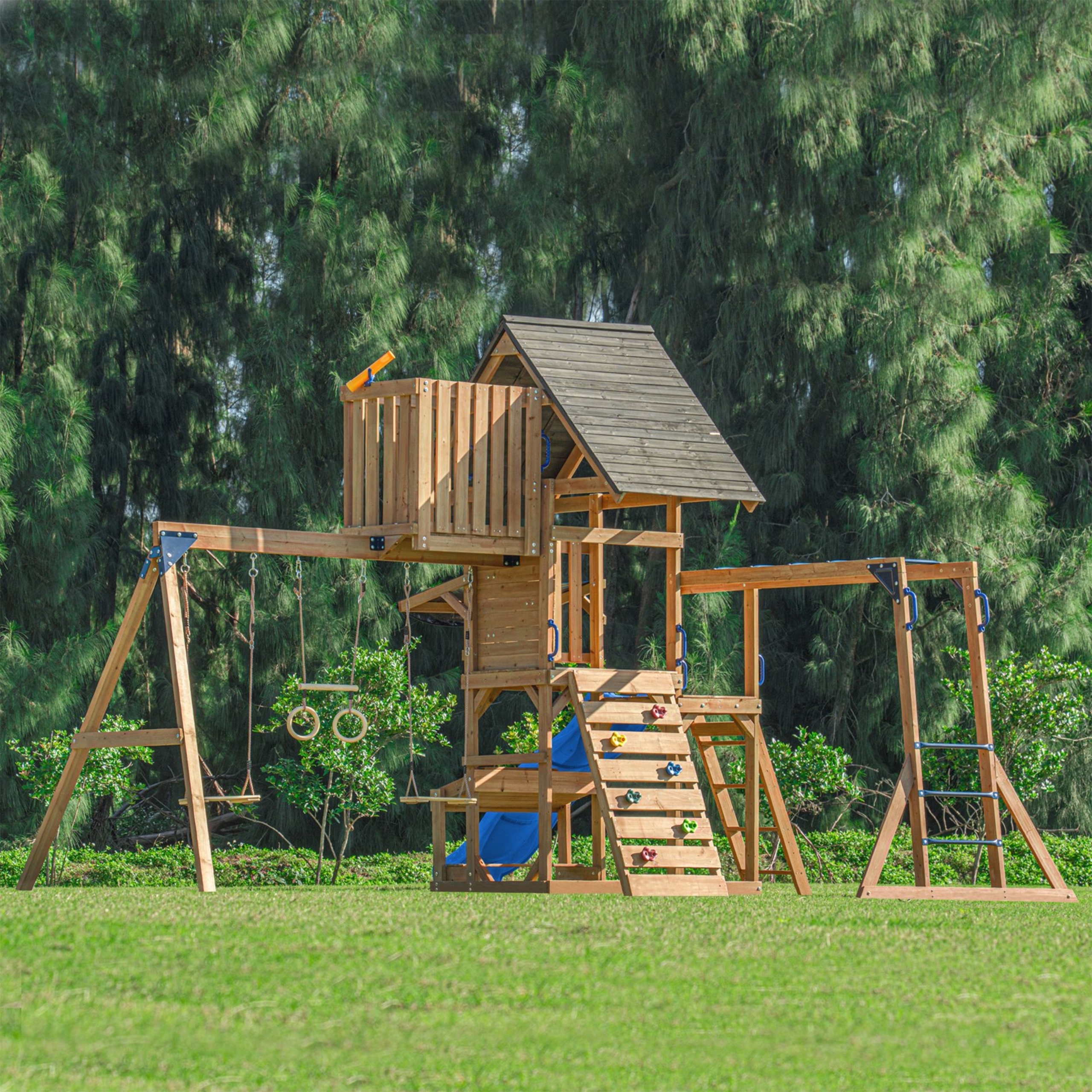 Mitch play tower - duży plac zabaw drewniany zjeżdżalnia hustawki ścianka wspinaczkowa + wieża