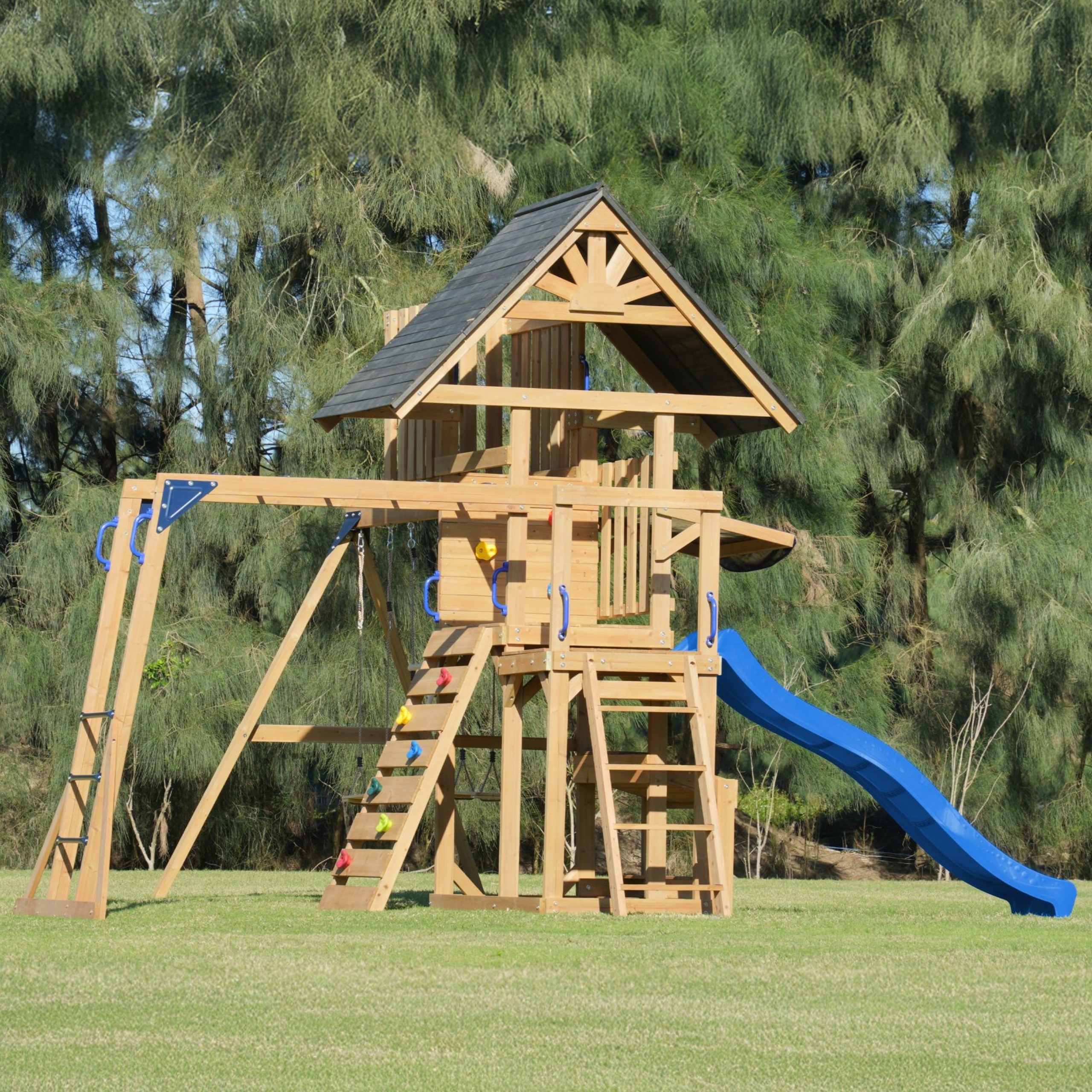 Mitch play tower - duży plac zabaw drewniany zjeżdżalnia hustawki ścianka wspinaczkowa + wieża