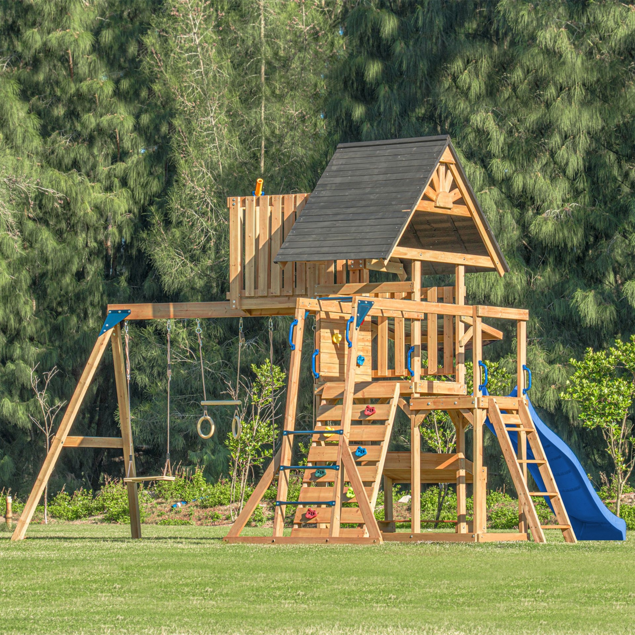 Mitch play tower - duży plac zabaw drewniany zjeżdżalnia hustawki ścianka wspinaczkowa + wieża
