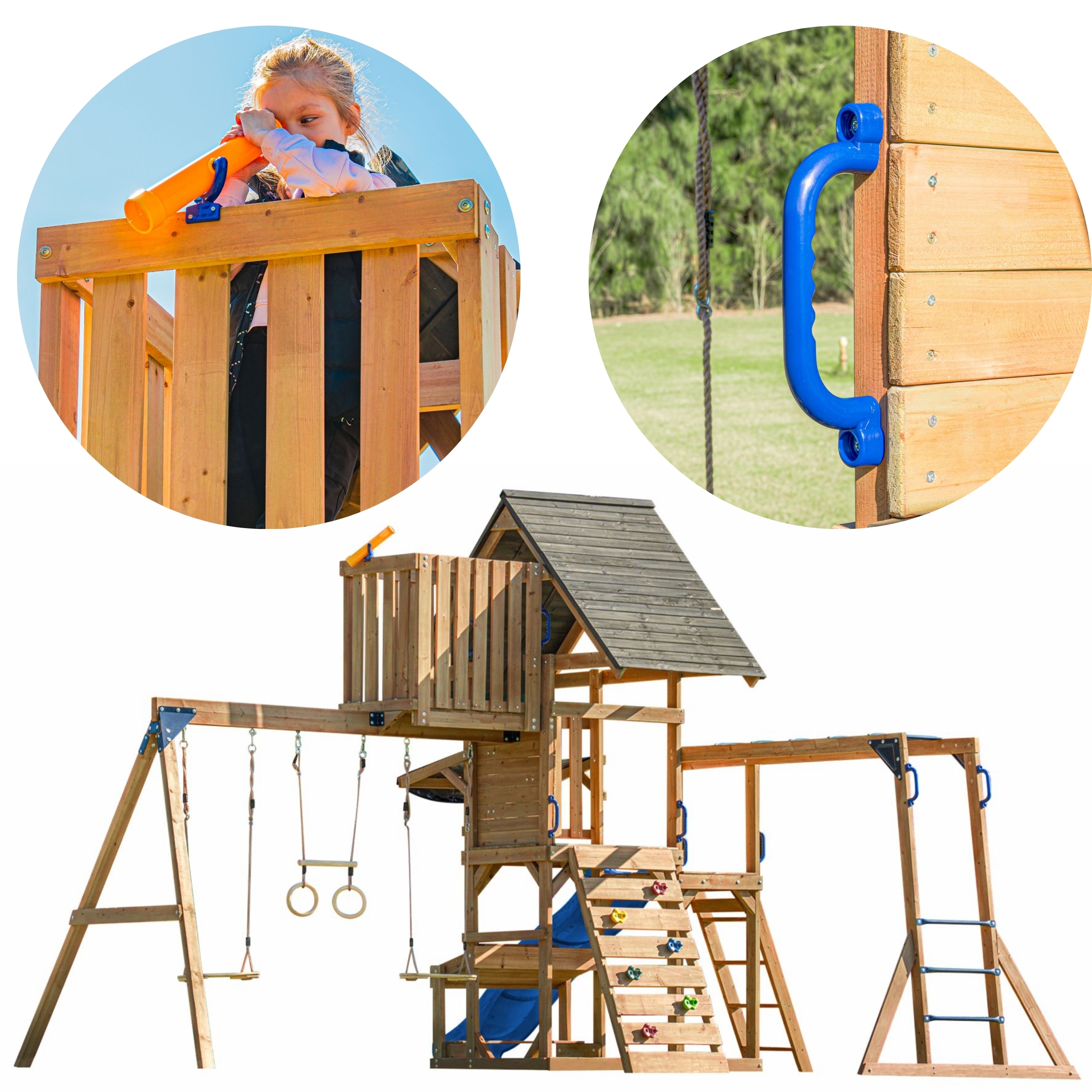 Mitch play tower - duży plac zabaw drewniany zjeżdżalnia hustawki ścianka wspinaczkowa + wieża