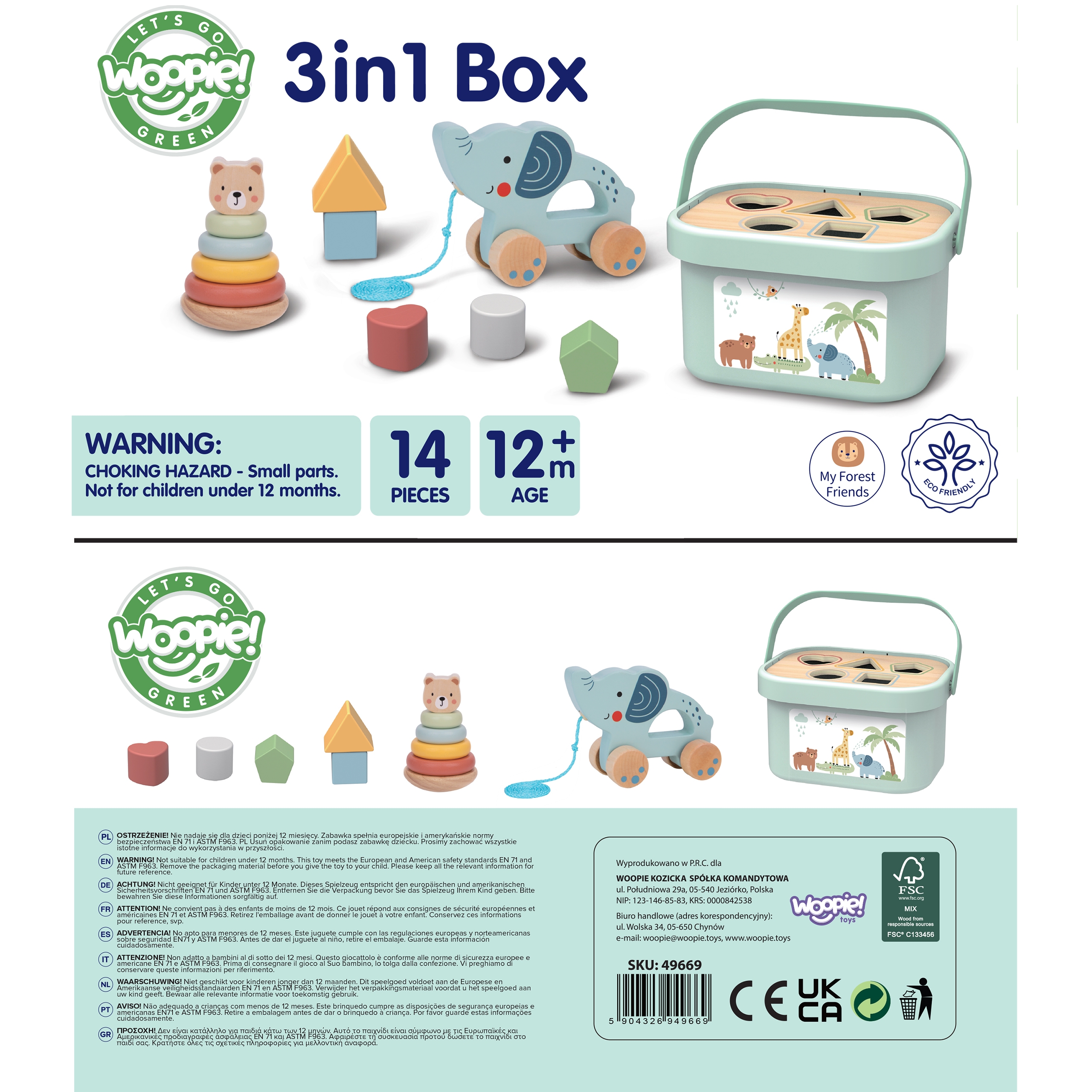 Pudełko sorter box 3w1 klocki piramidka słonik fsc