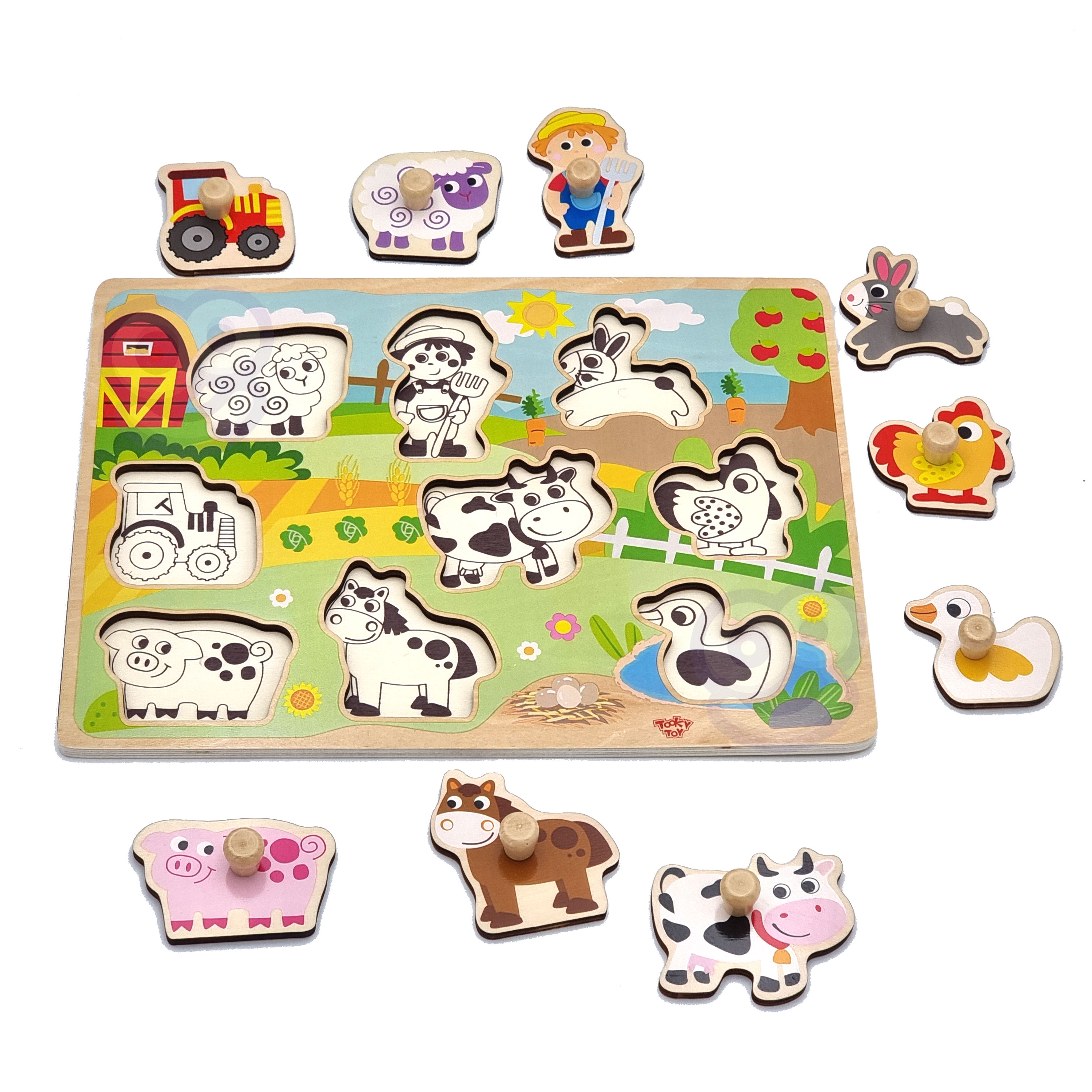 Drewniane puzzle montessori farma z pinezkami do dopasowania
