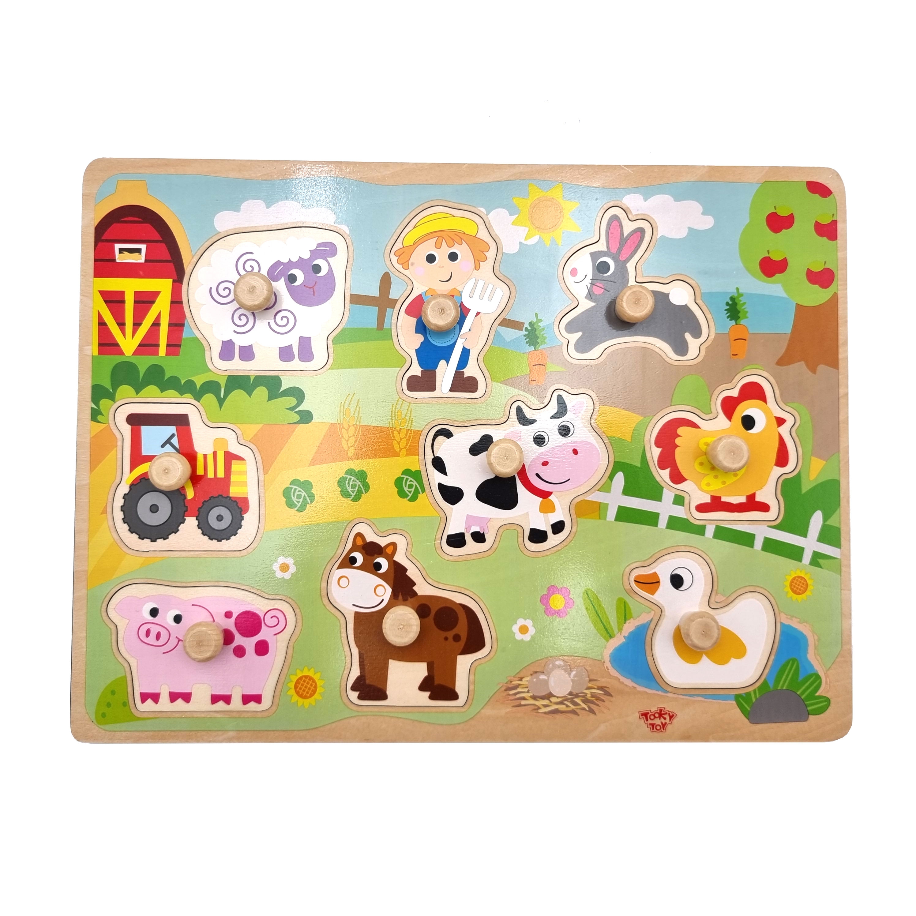 Drewniane puzzle montessori farma z pinezkami do dopasowania