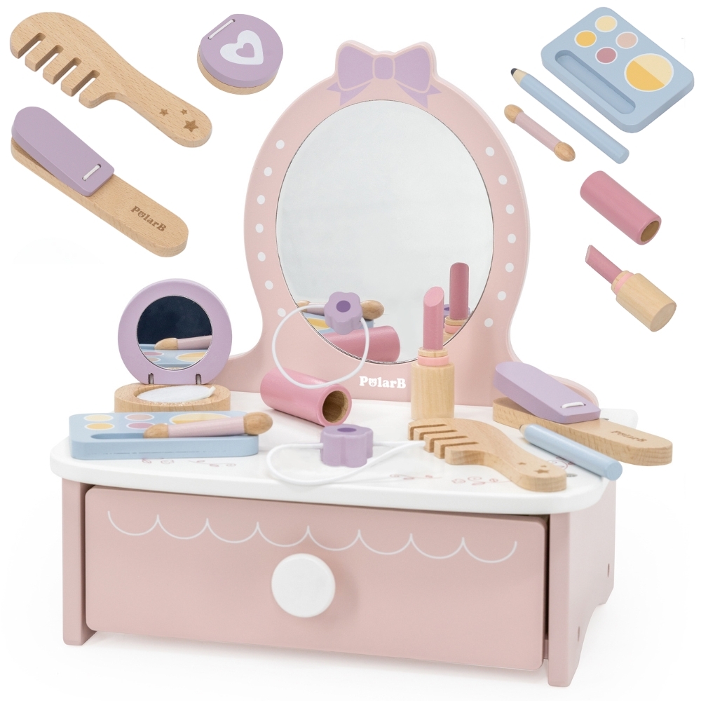 Drewniana toaletka z akcesoriami kącik małej księżniczki - Śliczna, drewniana toaletka z marki Viga to idealny zestaw do zabawy dla...
