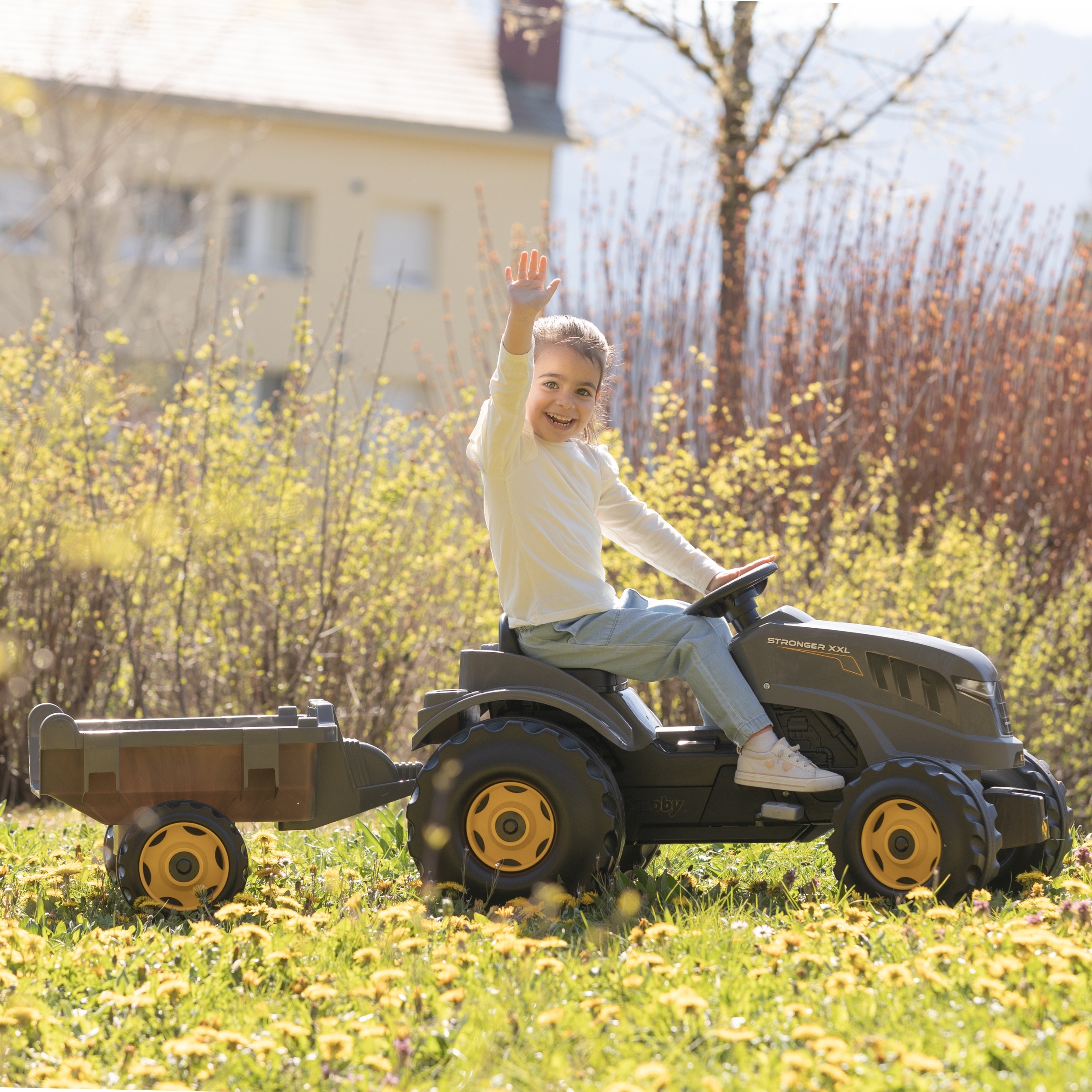 Traktor xxl szary na pedały z przyczepką