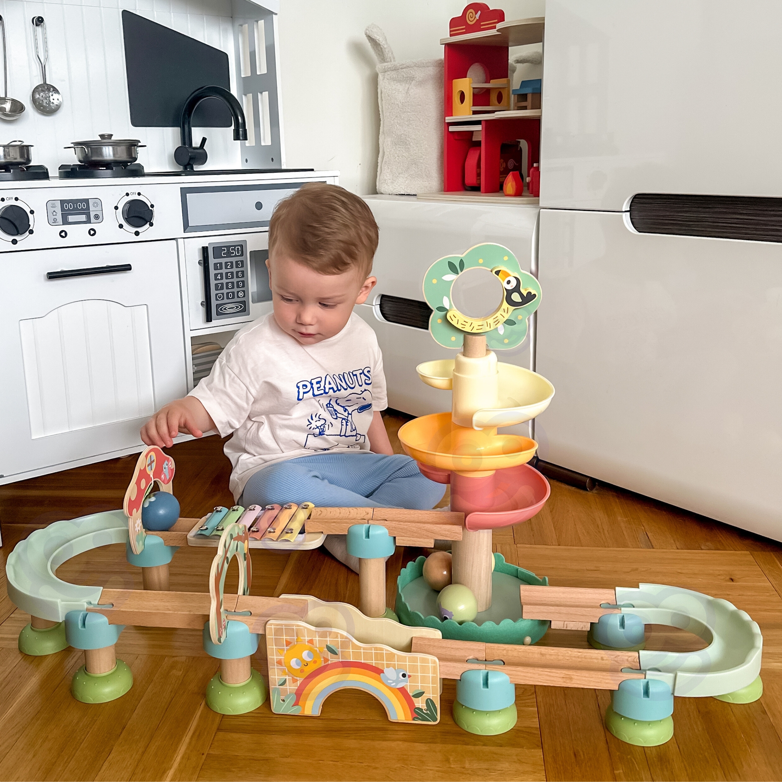 TOOKY TOY Drewniany Muzyczny Tor Kulkowy Kulodrom 44 el. Pastelowe